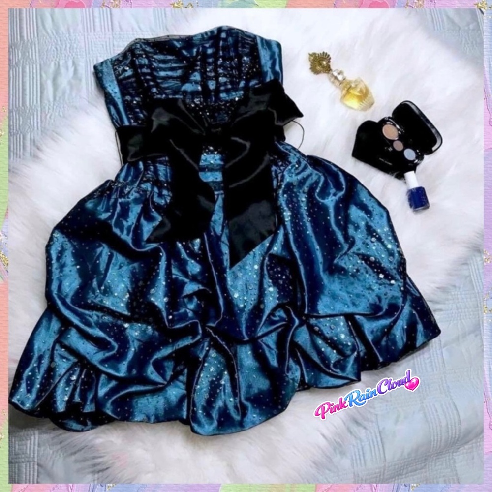 Jessica McClintock Gunne Sax Blue Metallic Strapless Y2K Mini Party Dress JRS 1